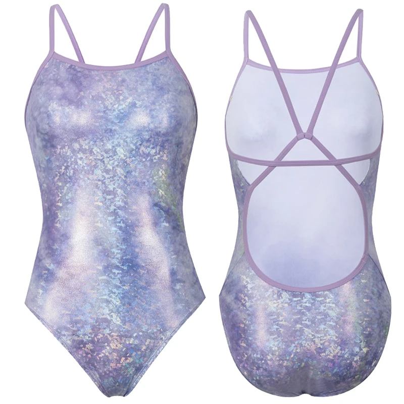 

Сексуальный блестящий блестящий женский цельный купальник светло-фиолетовый спортивный гоночный купальник для бассейна