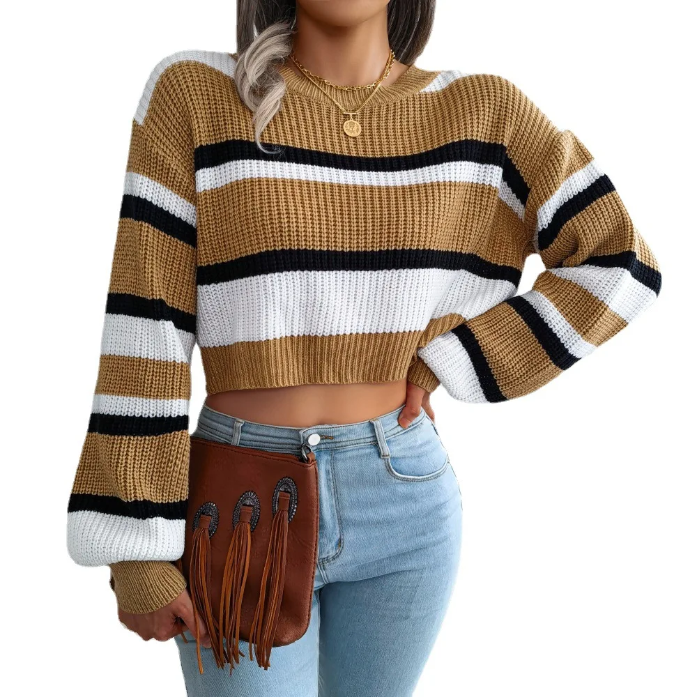 Maglione lungo a righe casual Maglione lavorato a maglia con ombelico aperto Tessuto misto lana Maglia sottile regolare Stagione autunnale Faion da donna