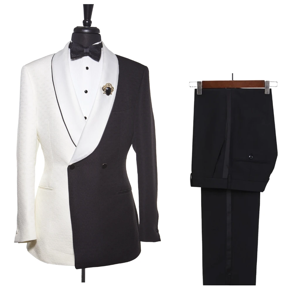مزدوجة الصدر الرجال الدعاوى الرسمية سليم صالح أبيض وأسود الزفاف سهرة 2 قطعة مخصص البدلة سترة وسراويل
