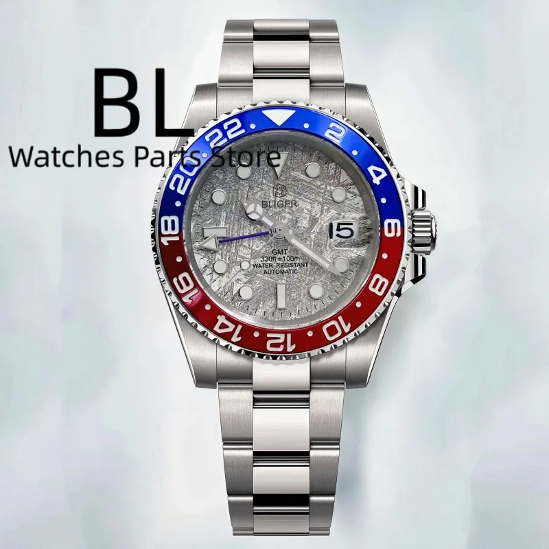 BLIGER 40mm Meteorite Modello Quadrante Orologio Per Gli Uomini Nuovo Curvo NH34 GMT Relogio Masculino Gradiente Blu Lunetta Inserto Vetro Zaffiro