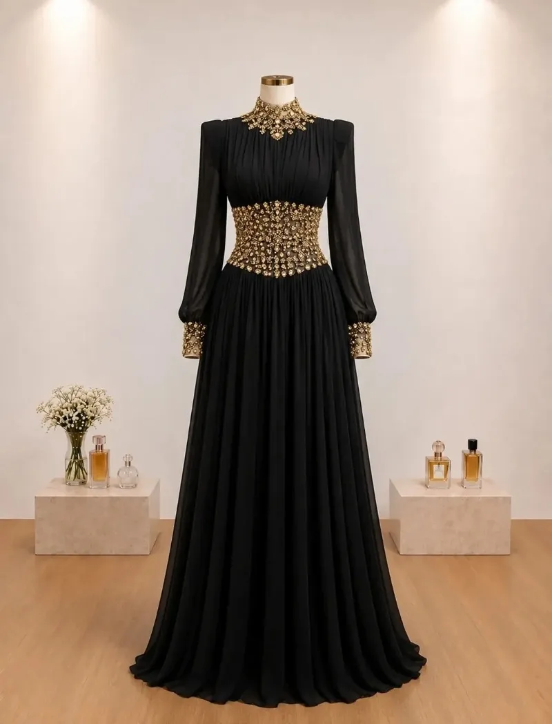 Customized Black Chiffon Gold Beaded Long Sleeve Evening Gown | Custom Plus Size Available