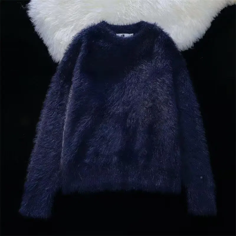

Winter faux mink fur soft and sticky solid color sweater with a high-end feel, men's and women's long sleeved warm round neck kn