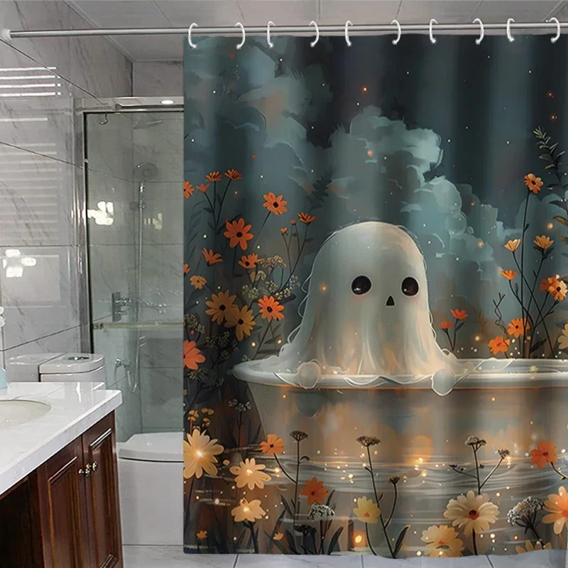 1 Panel Halloween Themed Shower Curtain Waterproof Polyester Bath Curtain with 12 Plastic Hooks Bathroom Halloween Decoration #