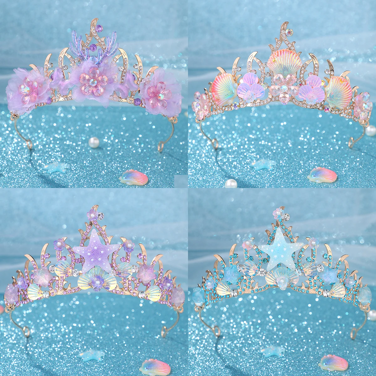 Fashion Starfish Fish Scale Sequins Bridal Tiaras Wedding Hair Accessories Princess Queen Crowns Women Head Jewelry Pageants