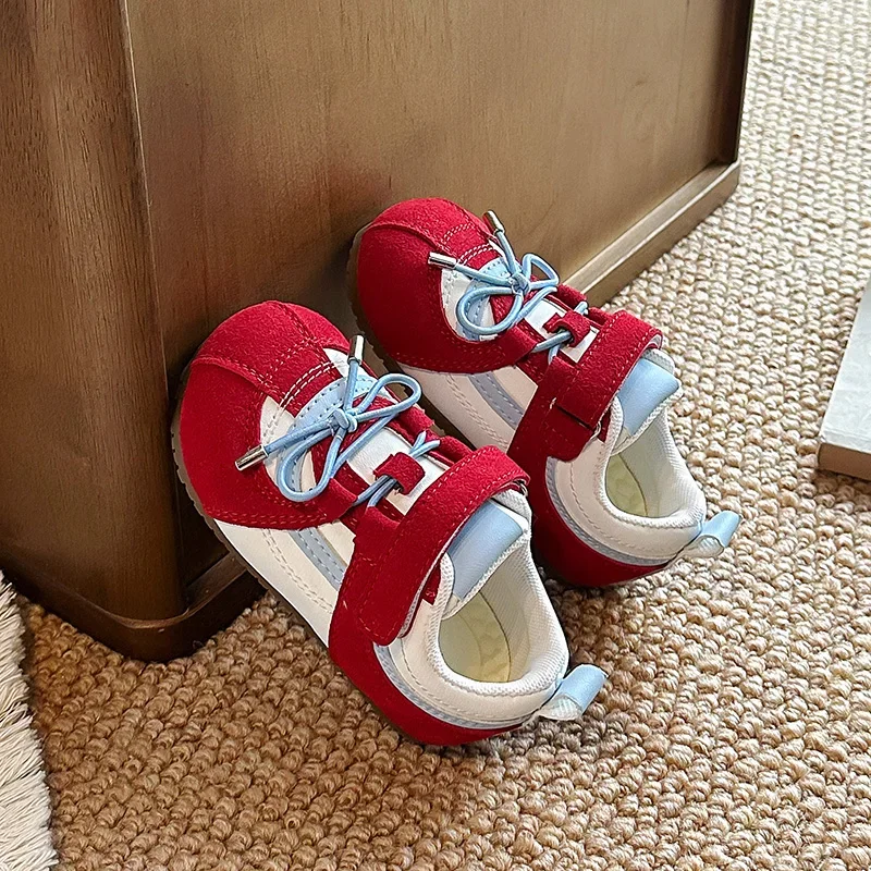 Baby Retro Color Block Sneakers, Faux‑Lace‑Up Hook‑Loop Soft Rubber Sole Toddler First Walking Shoes