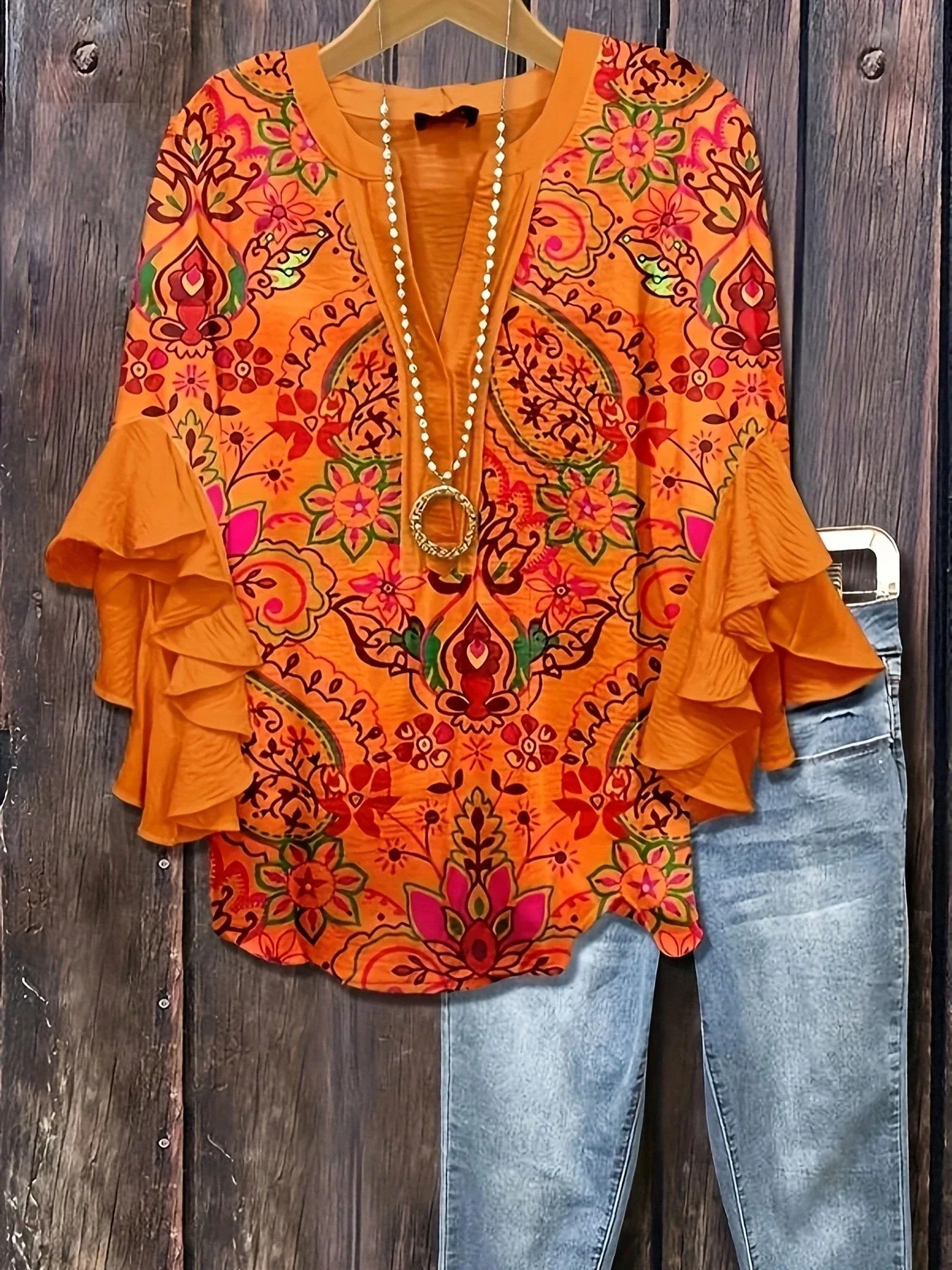 

Women's Floral Paisley Print Blouse With Ruffle Three-Quarter Sleeves V Neck Casual Top