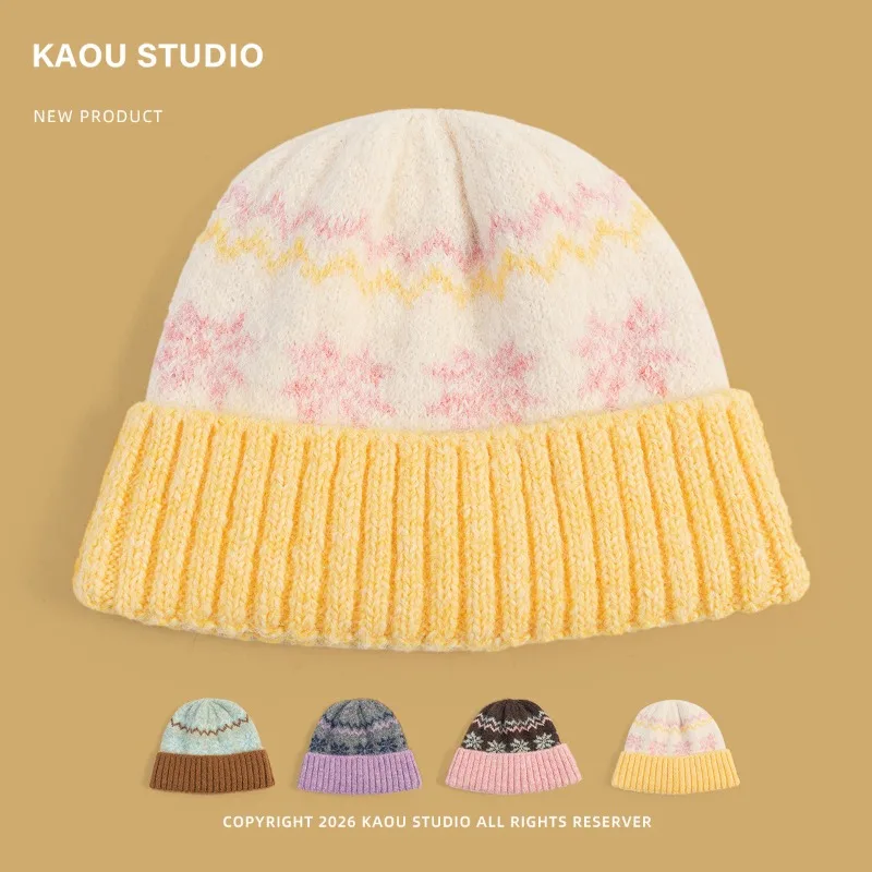 Japanische Jacquard-Strickmütze im Fair-Isle-Stil mit Farbblock-Design für Damen, Winter, verdickt, warm, mit Ohrenschutz, Ski-Beanie-Mütze – Detail 1