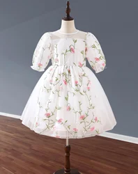 Girls' exquisite floral embroidered dress - transparent puff sleeves and fluffy skirt design