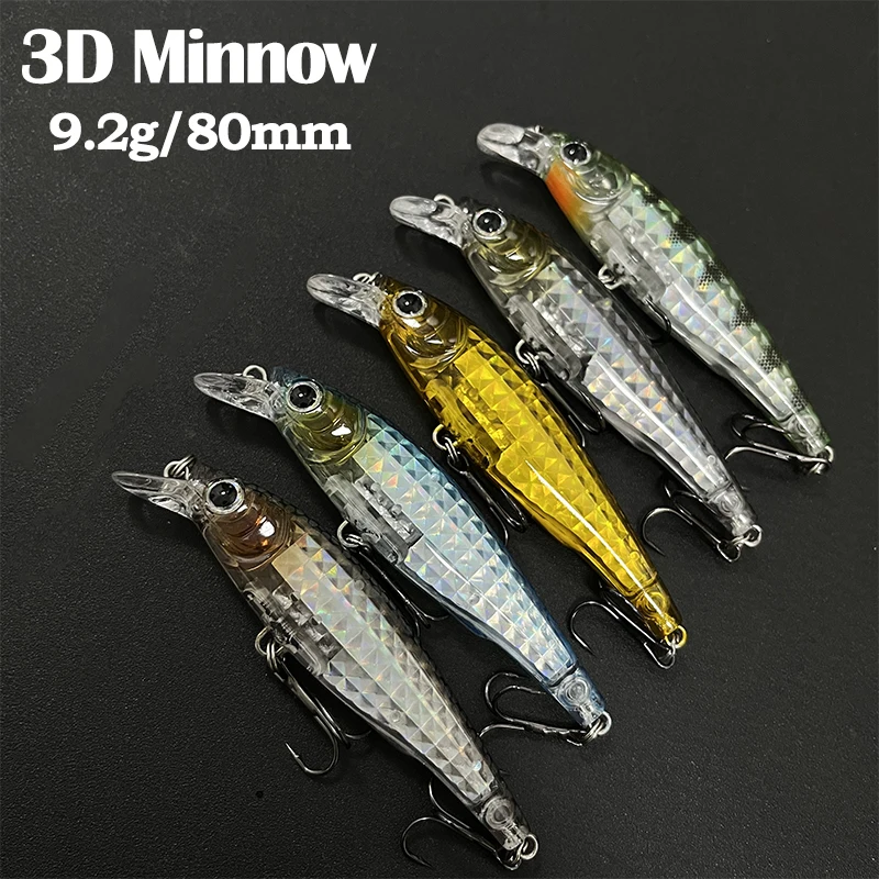 

Floating Minnow Lures 80mm 9.2g 3D Crystal Artificial Bait Bass Trout Bait Wobbler for Top Water Jerkbait Fishing Accessories