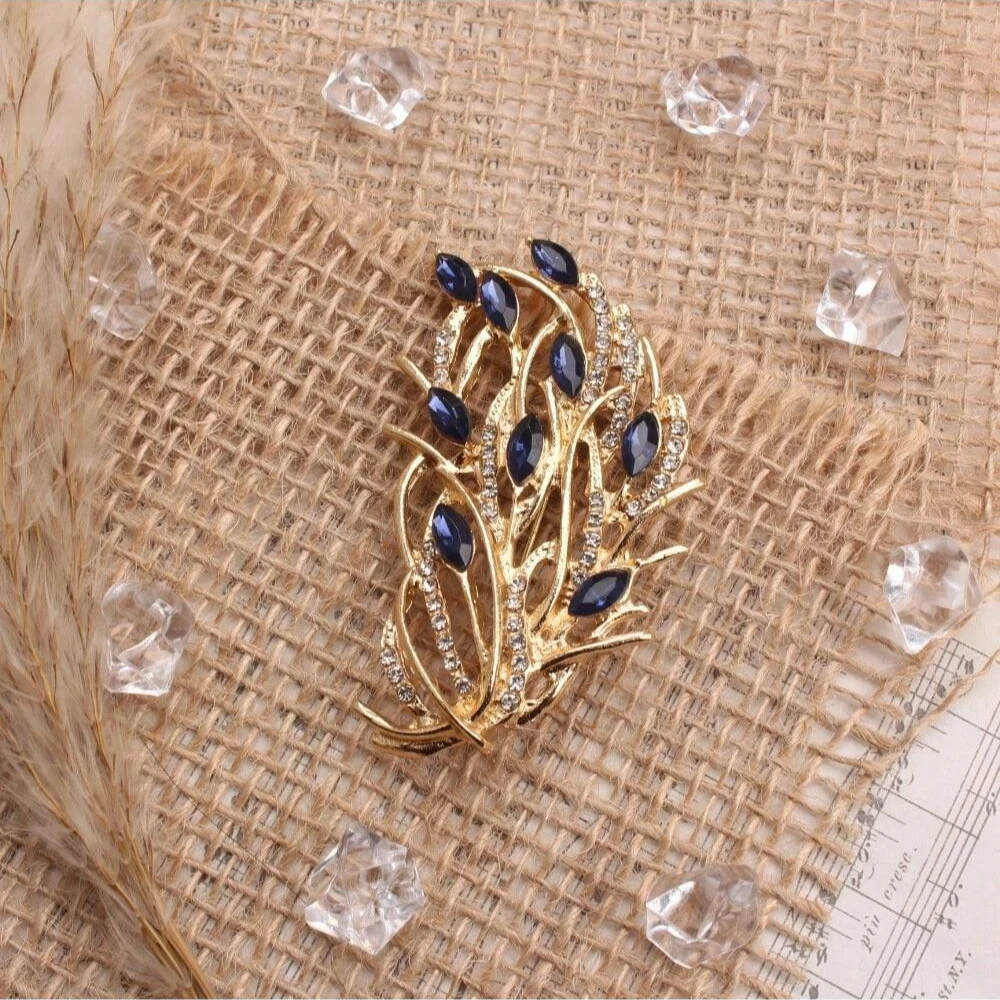 Gold Openwork Feather Brooch Blue Marquise Crystal Rhinestone Pin Elegant Nature Decor for Outfit Bag Daily Wear