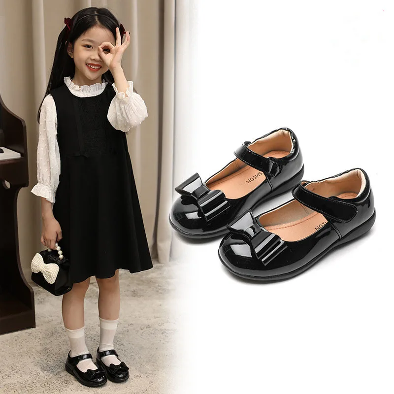 Spring Autumn 2023 New Performance Party Wedding Big Kids Shoes for Girl Princess Girls School White Black Leather Shoes CSH1346