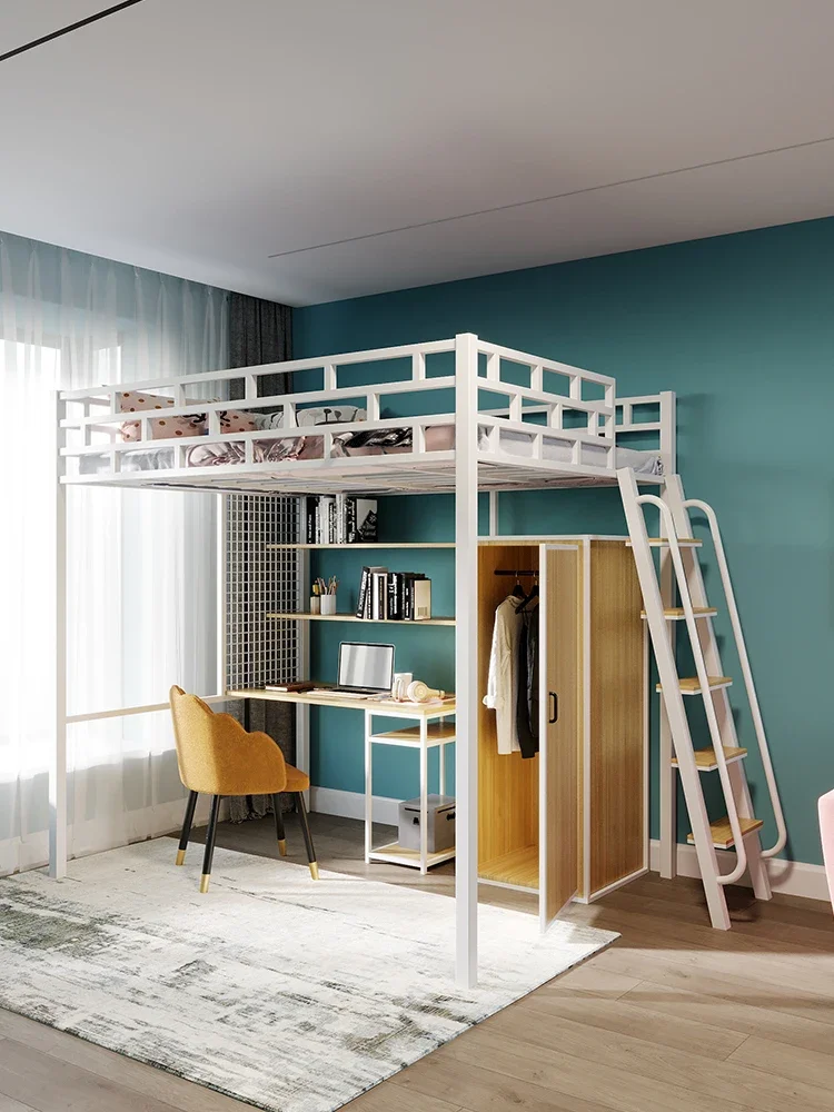 Loft bed, small apartment, wrought iron upper bed, lower table, apartment, wall-mounted bed, children