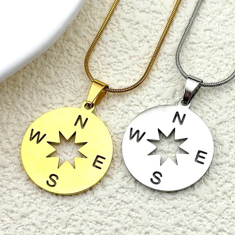

Tiny Round Compass Pendant Necklace For Women Men Stainless Steel Gold Color Fashion Hiphop Male Party Chain Jewelry Gifts