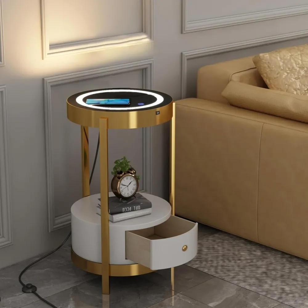

Nightstands, Gold Smart Led Nightstand with White Drawers, 14in Sofa Round End Table with USB Port Wireless, Nightstands