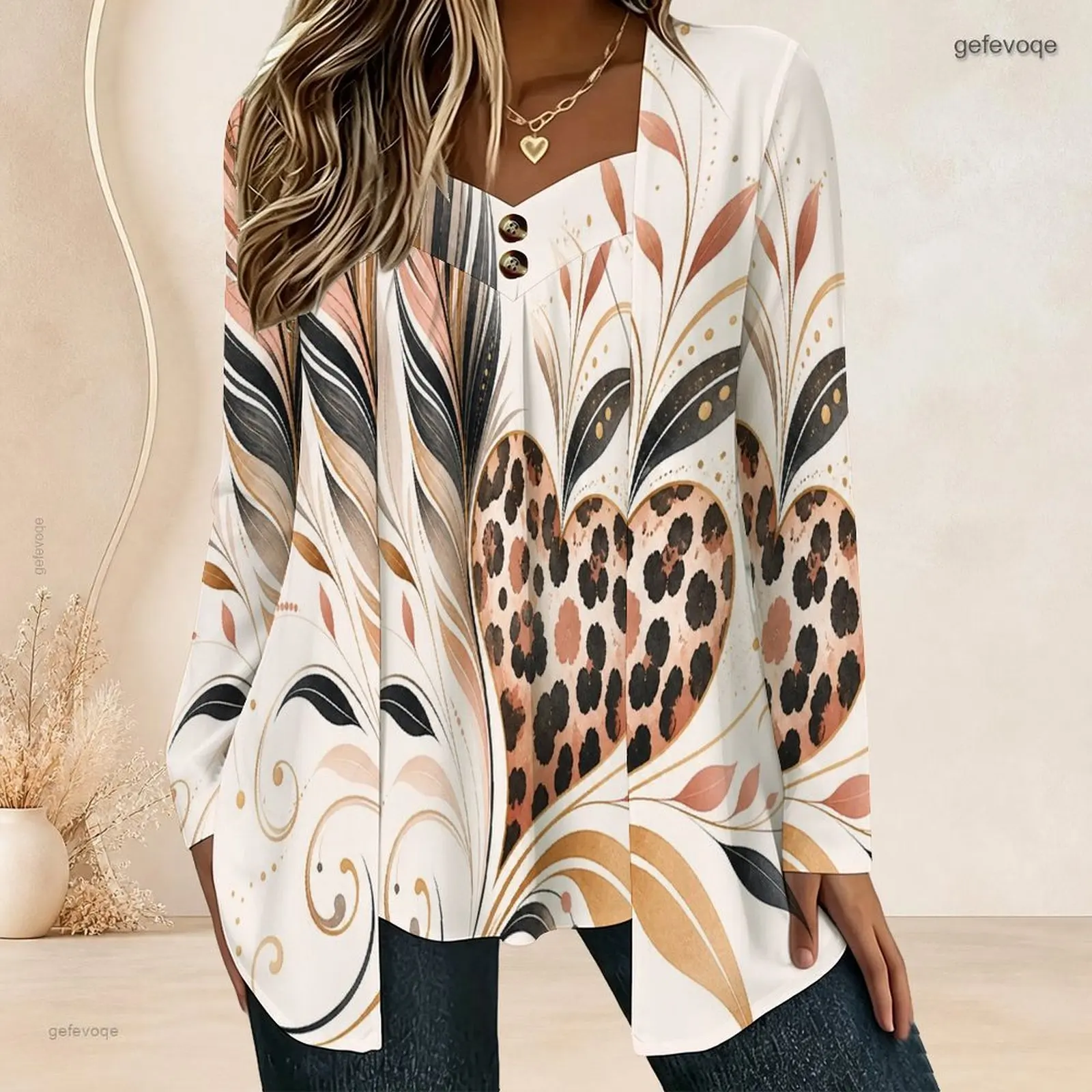 Women Fake Two Piece Long Sleeve Blouse Open Cardigan With Cami Top V Neck Button Detail Pleated Front Loose Tunic Oversize