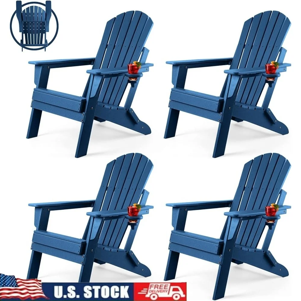 

4 Pack Folding Adirondack Chairs All Weather HDPE Fire Pit Chairs with Cup Holder Outdoor Relaxation