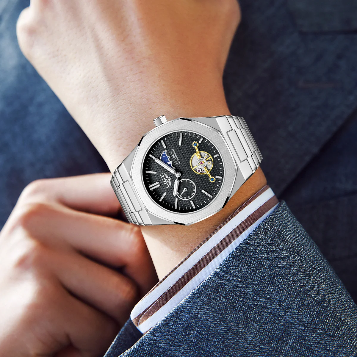 LIGE Men's Luxury Watch Stainless Steel Mechanical Wristwatch Fashion Moon Phase Business Luminous Classic Tourbillon Men Watch