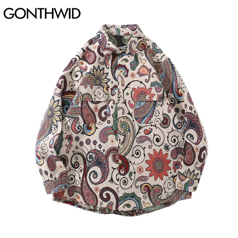 GONTHWID Harajuku Streetwear Shirts Coats Graffiti Bandana Paisley Pattern Pockets Shirt Hip Hop Fashion Long Sleeve Button Tops