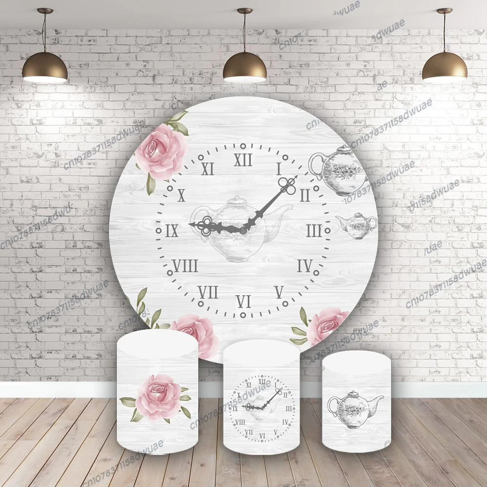 Alice in Wonderland Clock Birthday Party Photo Backdrop Round&Cylinder Cover Photo Background Baby Shower Photography Backdrop