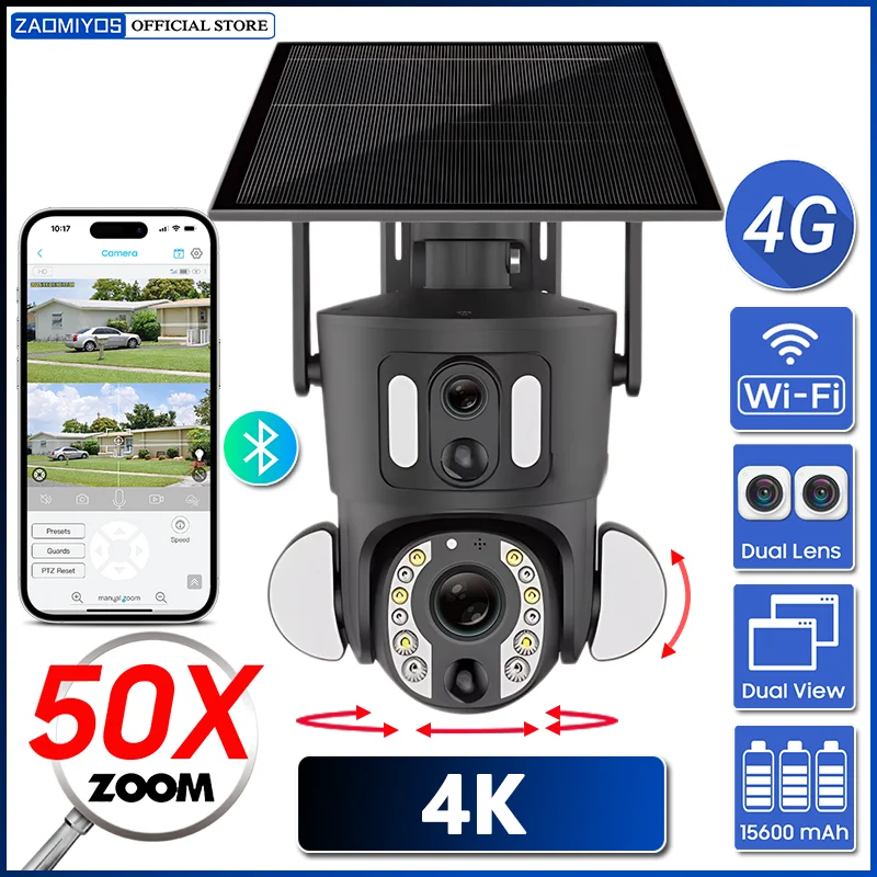 4K 50X Optical Zoom Dual Screen Security Solar Camera 8MP 4G Sim/WiFi PTZ Dual PIR Detection Humanoid Auto Tracking CCTV IP Cam