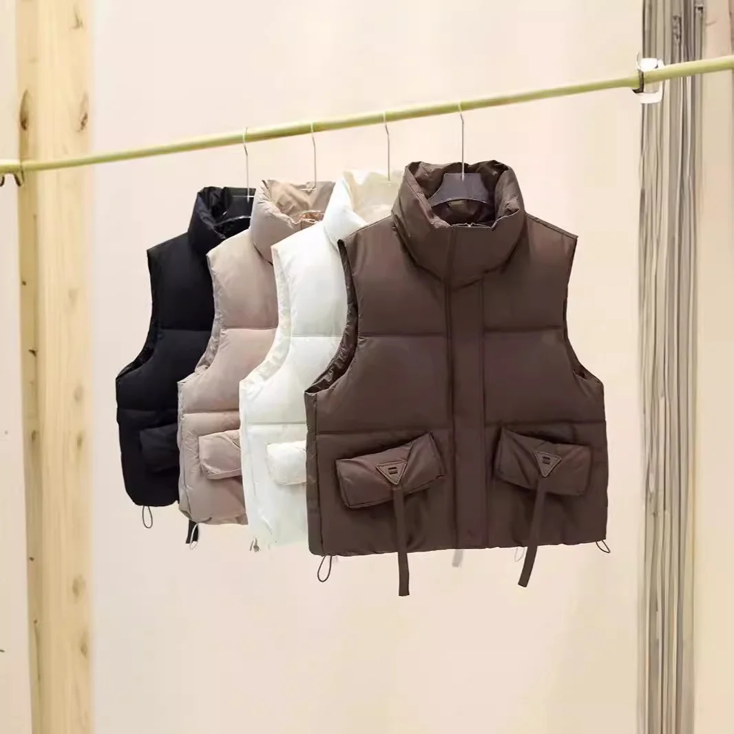 

Women's Short Pure Color Warm Outerwear Vest Loose Sleeveless Stand Collar Autumn Winter Knitted Fashion Casual Jacket