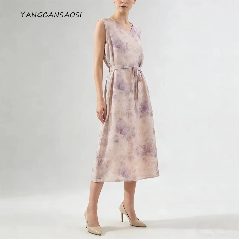 Bequemer Mischungsstil, 100 % natürliche Maulbeerseide, perforierter Jacquard, Blumenrose, lässiges, bedrucktes Westenkleid mit Rundhalsausschnitt