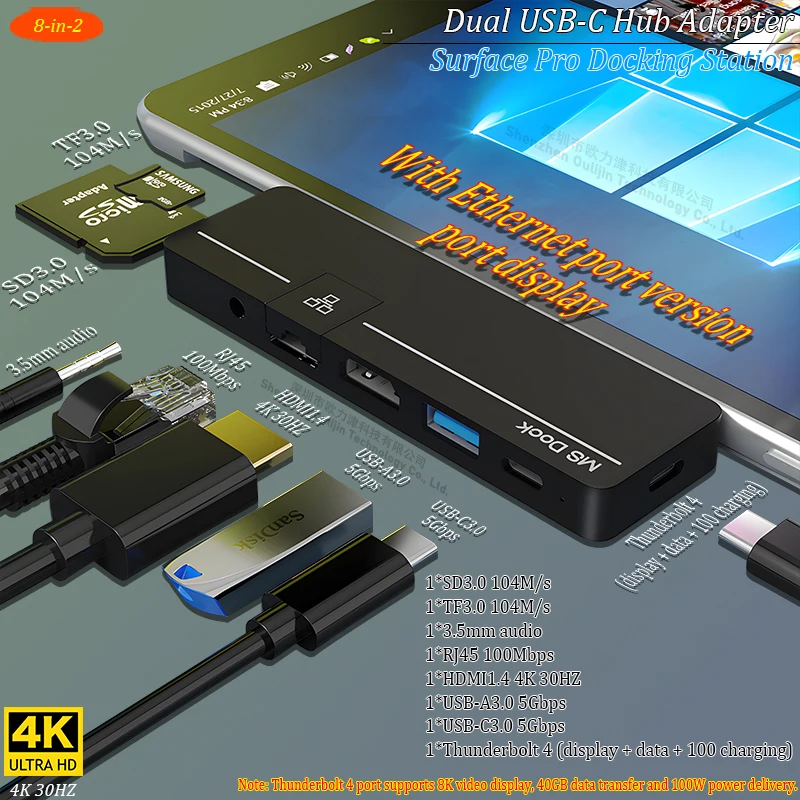 Surface pro 11/10/X/9/8 Hub(with 4K HDMI,Thunderbolt,Multi USB,3.5 jack,Micro SD),MS Docking Station for Surface pro 8/9/X/10/11