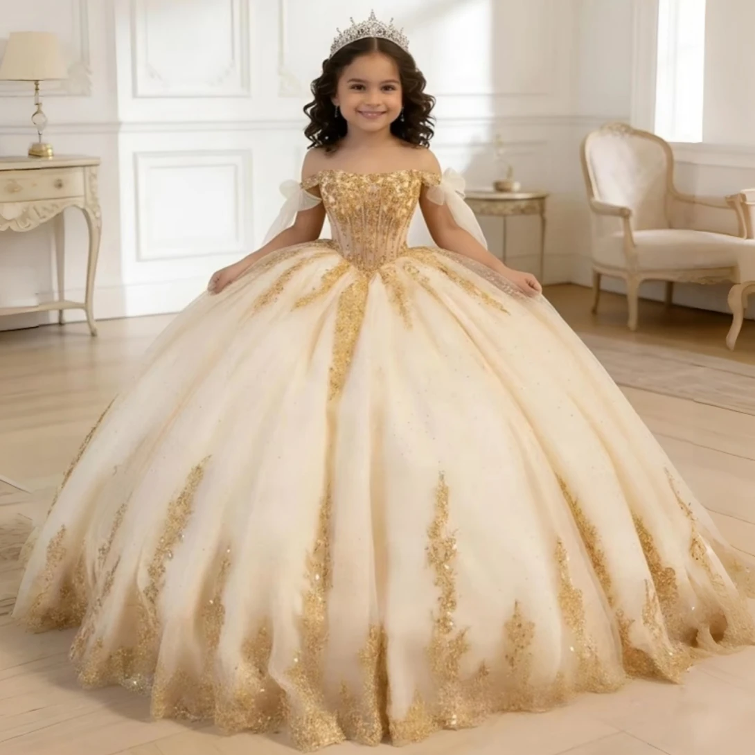 Luxury Off Shoulder Lace Children Formal Gown Bow Tulle Long Train Flower Girl Dress Wedding Pageant Kids Evening Party Dress