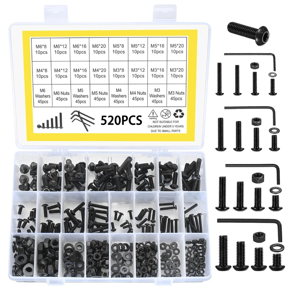 

520 шт. M3 M4 M5 M6 Черные винты Шайба с круглой головкой и шестигранной головкой Наборы винтов из углеродистой стали 10,9 класса Комбинация винтов и гаек