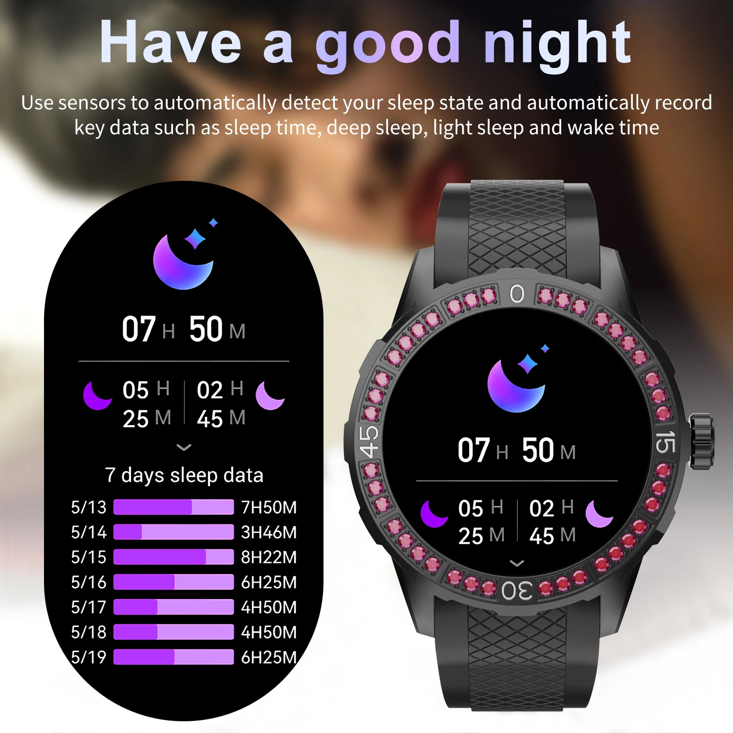 Jam tangan pintar berlian imitasi berkilau, jam tangan pintar tahan air IP67 dengan fitur pemantau denyut jantung berlian imitasi untuk Android IOS