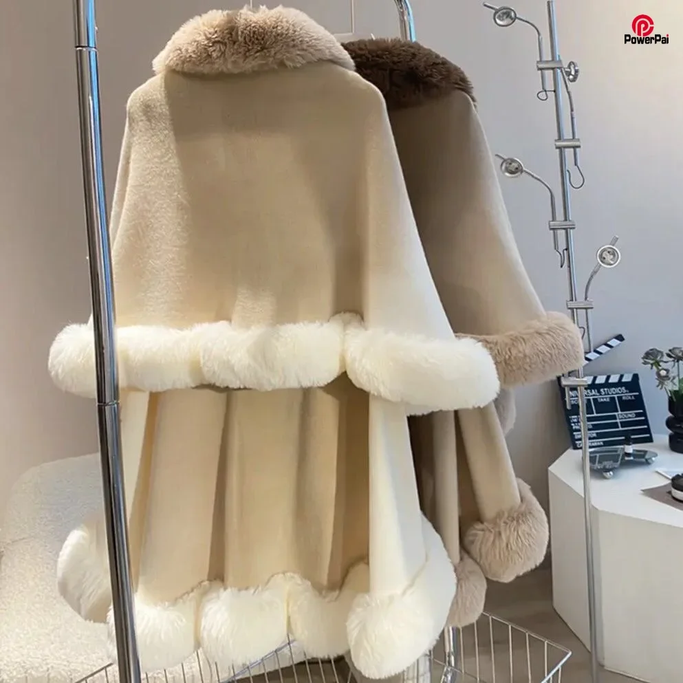 

Double Layers Luxury Faux Fur Cape Coat Novelty Gradient Dyeing Knit Overcoat Cloak Winter Women Elegant Warm Cardigan Wrap Long