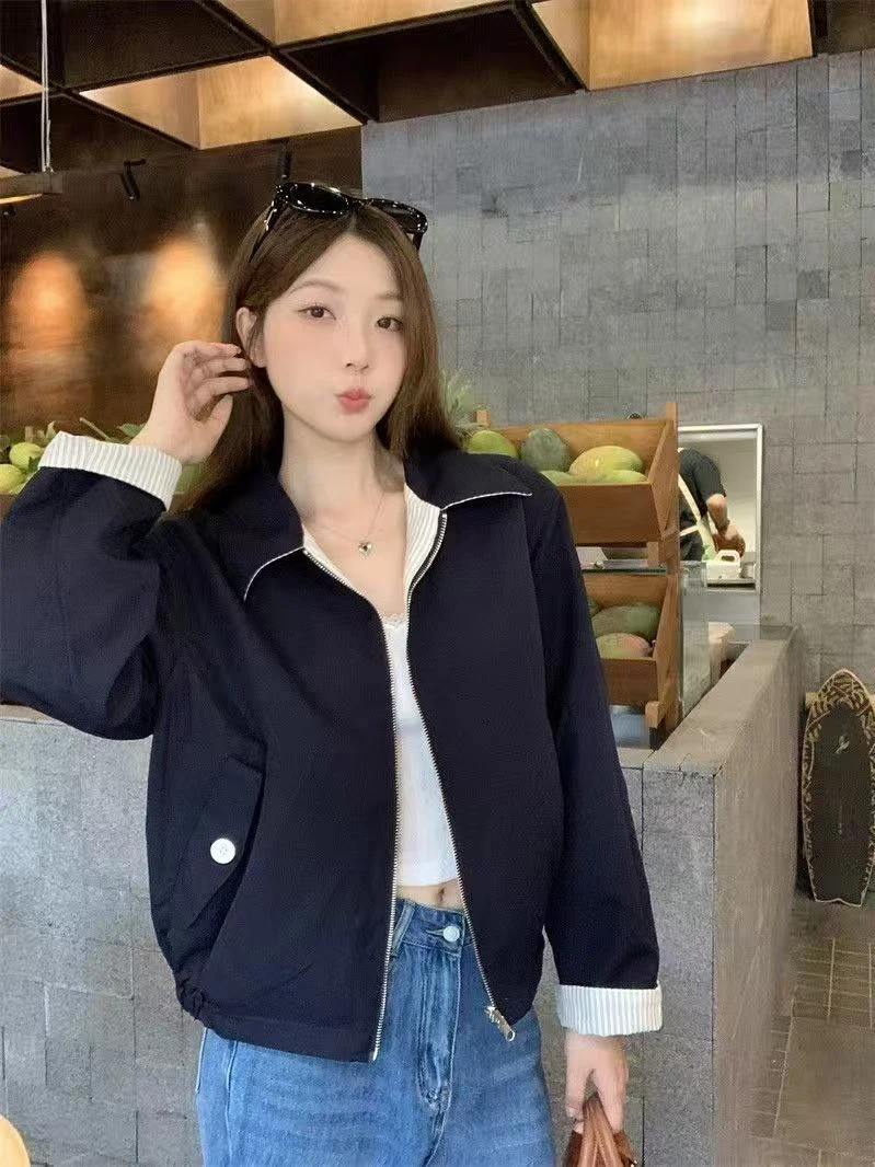 Retro Slim Fit Pasiasty Kołnierz Zapinany na Zamek Dwustronny Zimowy Damski Wszechstronny Top Ciepły Długi Sweter z Kołnierzem