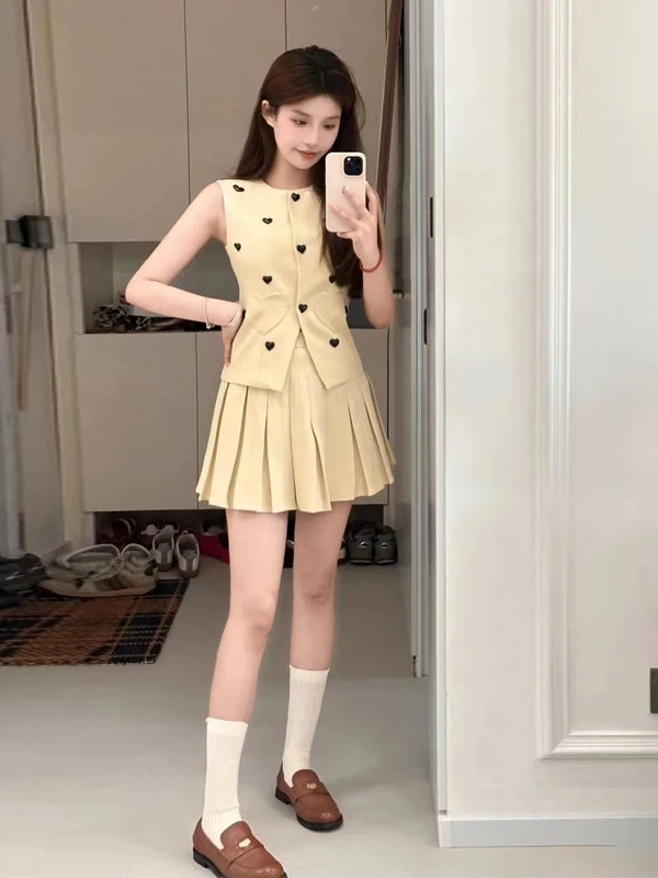 

Fashionable Suit Vest And Pleated Skirt Two-Piece Set Women's Sleeveless Midi Dress round Neck Design Summer New Arrival