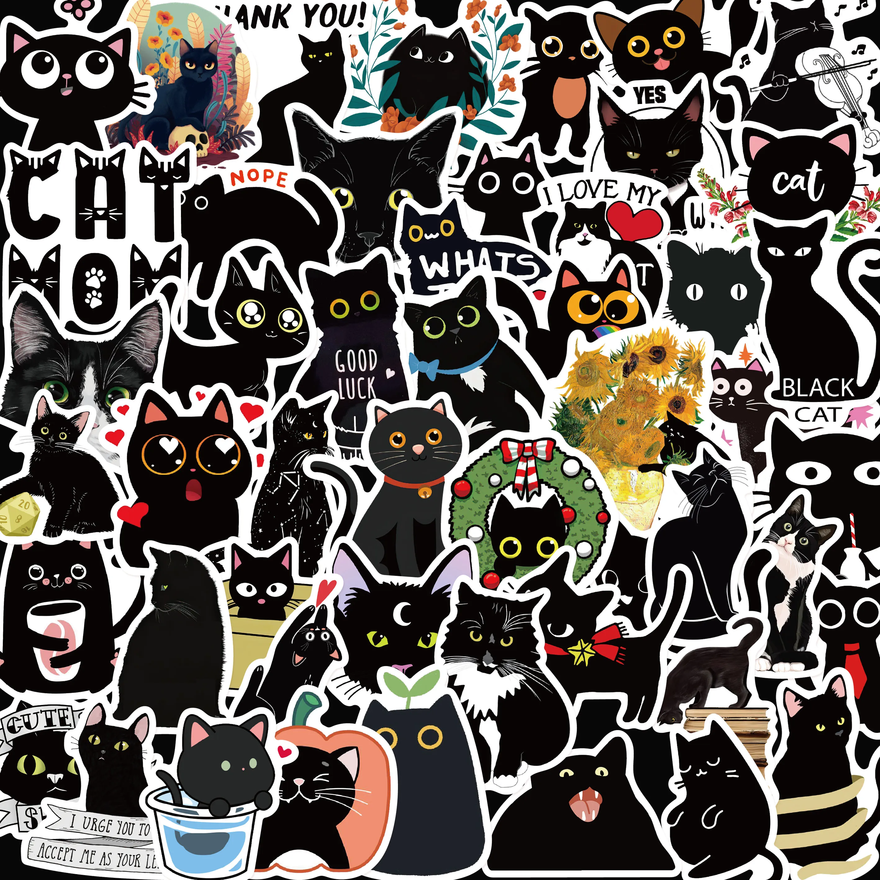 50/100pcs Cute black Cat stickers Children Gift DIY Skateboard Luggage Refrigerator Notebook Waterproof  Stickers