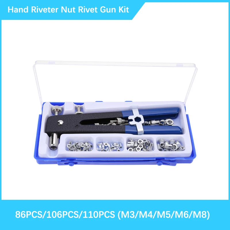 

86 шт./компл. ручной заклепочник, гайки, заклепочный пистолет, набор M3-M8, набор инструментов с ручной резьбой, гайки из нержавеющей стали, метрическая резьба для винтов