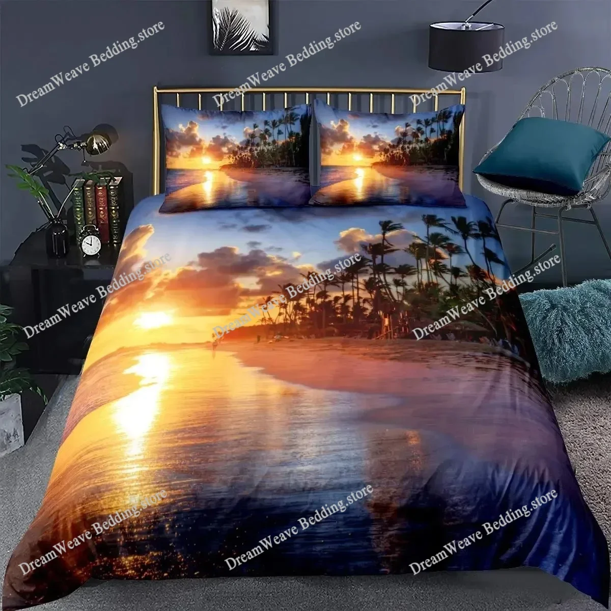 Ocean Beach Duvet Cover Set King Microfiber Tropical Sunset Beach with Palm Trees Bedding Set Peaceful Ocean Evening Quilt Cover