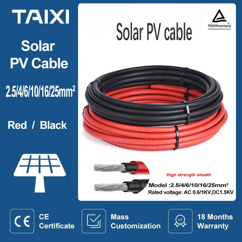 Solar Photovoltaic PV Cable Wire Battery Connection Cable 4 6 8 10 12 14 16 AWG/2.5 4 6 8 10mm2  Red Black Cable