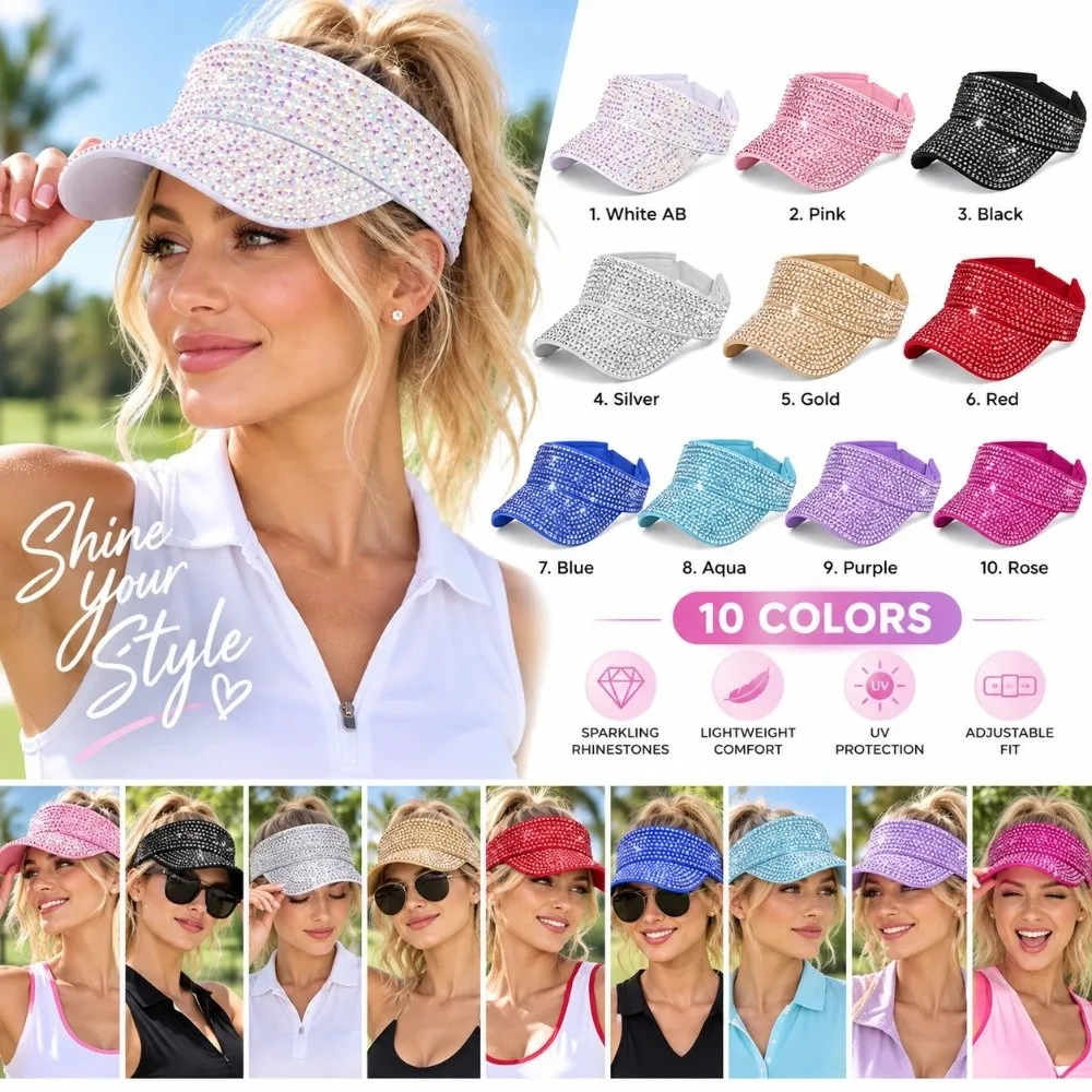 Adjustable Rhinestone Sun Visor Hat Shiny Empty Top Design Diamond-Embedded Hat Sun Protection Rhinestone Decor