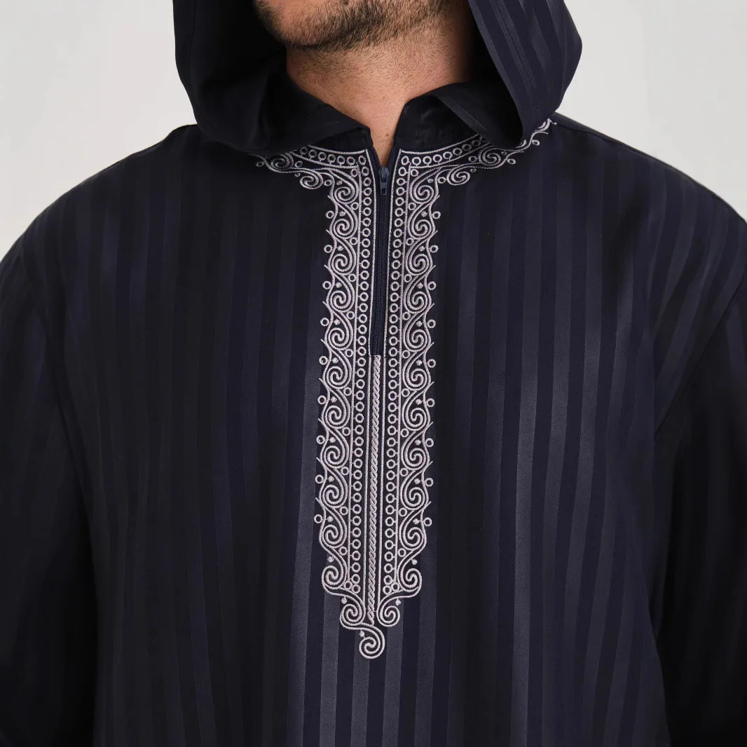 2025 nowy muzułmański haftowany szlafrok z długim rękawem w paski marokański męski szlafrok z kapturem boczne usta Ramadan dubaj luksusowy Islam elegancki