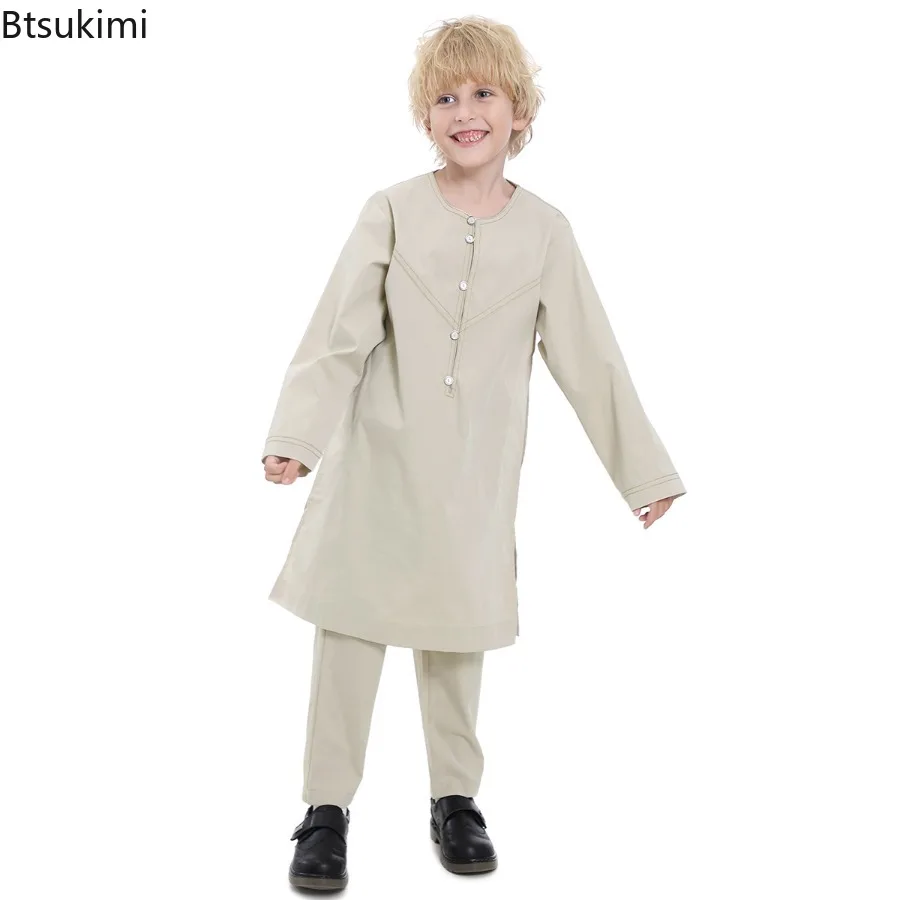 2026 Middle East Kids Clothes Saudi Arabia Robe Muslim Boy Jubba Thobe 2 Piece Sets Islamic Clothing Children Party Abaya Kaftan
