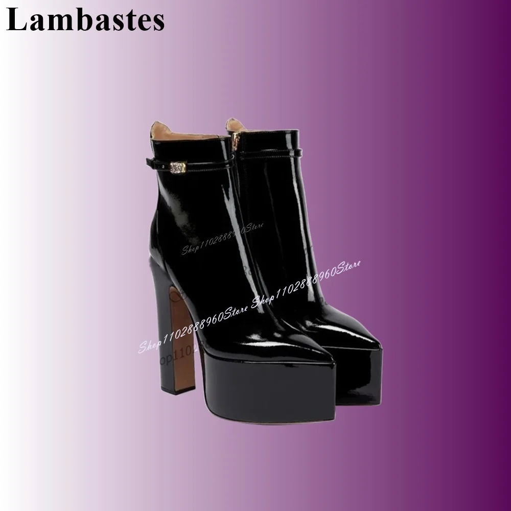 Black Sexy Style Platform Belt Buckle Decor Ankle Boots Thick Heel Women Shoes Side Zipper Pointed Toe 2023 Zapatos Para Mujere