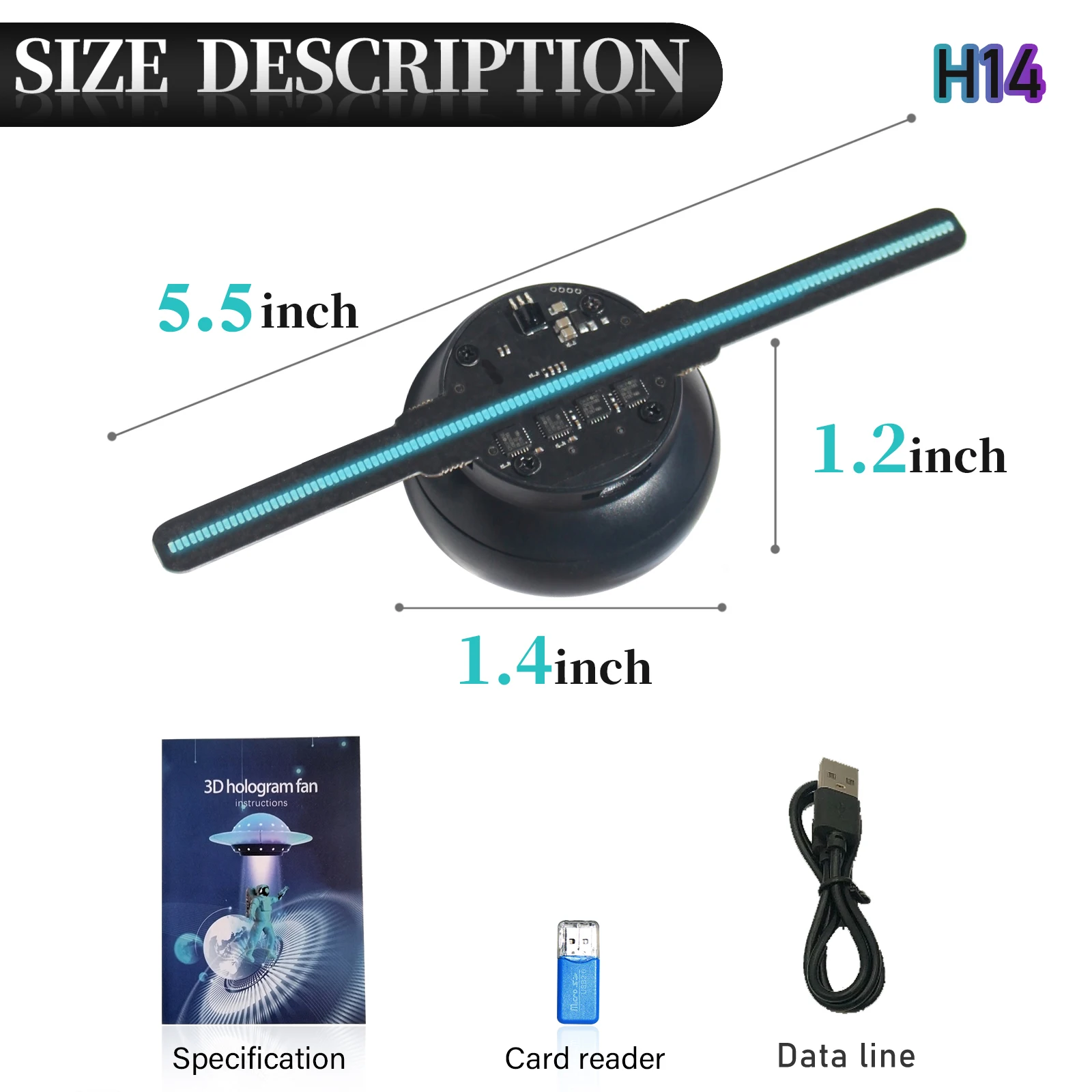 10–20 cm 3D-Hologramm-Fächer, 0603 LED-Perle, HD, flimmerfrei, holografischer Projektor, Werbung, Logo-Schild, TF-Karte, Weihnachten, Halloween