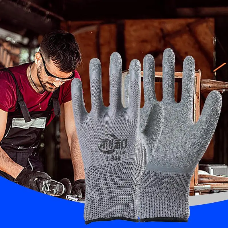 Latex Coated Work Gloves Palm Latex Dipped Work Gloves Crinkle Pattern Seamless Knit Comfort Stretch Fit Nylon Firm Grip 12