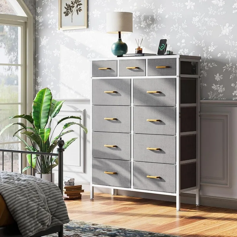 Dresser with Charging Station, 52-Inch Tall Dresser for Bedroom, Large Dresser with 11 Storage Drawers, Fabric Chest of Drawers