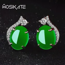 WOSIKATE Korean 925 Sterling Silver Green Agate Earrings For Women Fine Jewelry With Zirconia Gemstone Stud Earrings Accessories