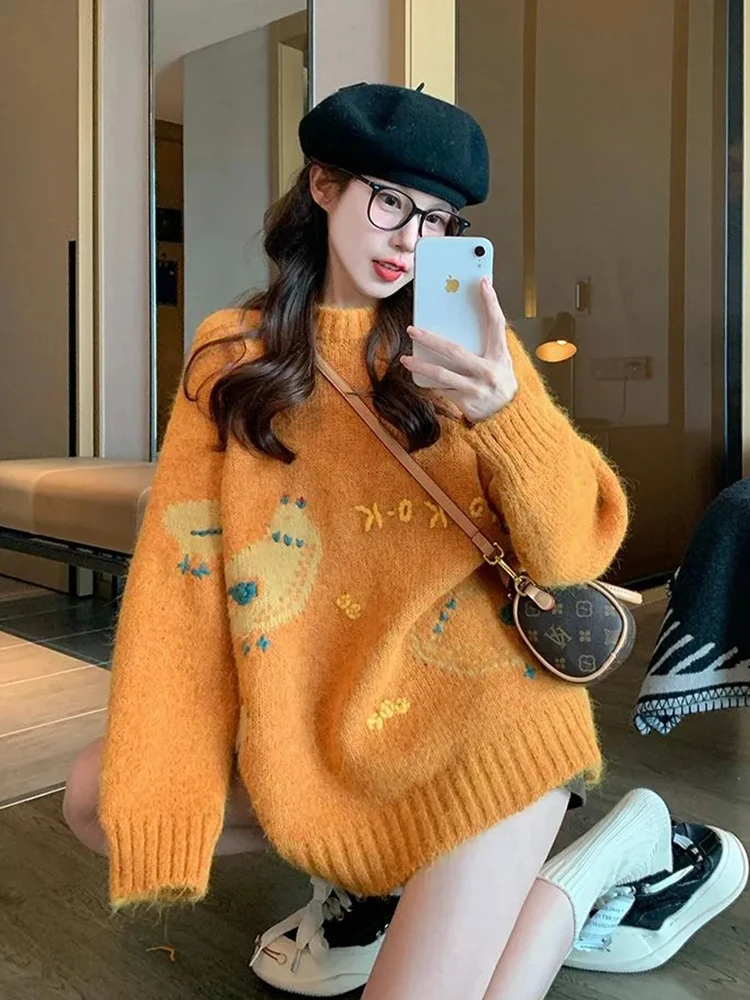 

Zoki Japan Kawaii Свитер с принтом Женский винтажный ленивый ветер Милый милый вязаный джемпер Повседневный свободный женский пуловер с круглым вырезом в консервативном стиле