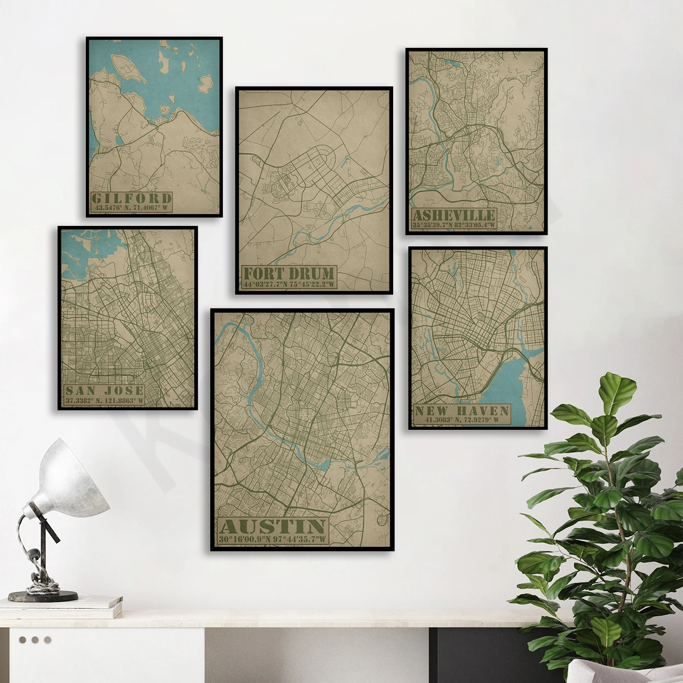 Austin Guilford Grand Island Spokane Asheville San Jose Rapid Kokomo Springfield New Haven. City Travel Map Poster