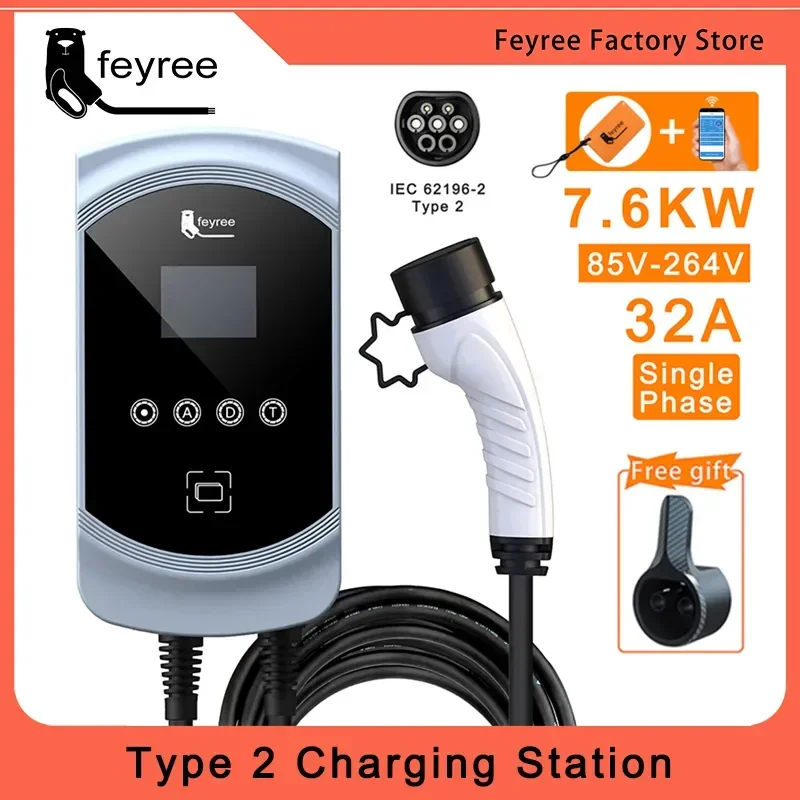 

feyree EV Charger 32A 7.6KW Type2 Cable Car Charger EVSE Wallbox 11KW 22KW 3Phase IEC62196-2 Socket APP Control for Electric Car