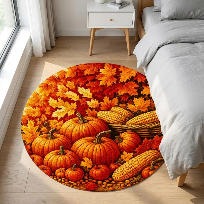 VIKAMA Autumn Harvest Round Rug Pumpkin Maple Leaf Corn Print 2D Flat Floor Mat Decor Non Slip Carpet Living Room Room Doormat