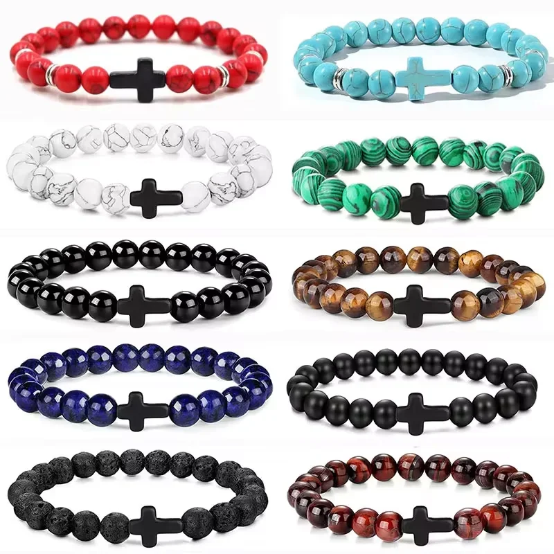 

Prayer Men Natural Stone Wood Beads Rosary Hematite Cross Bracelets Onyx Meditation Bracelet Women Yoga Jewelry Homme Pulsera